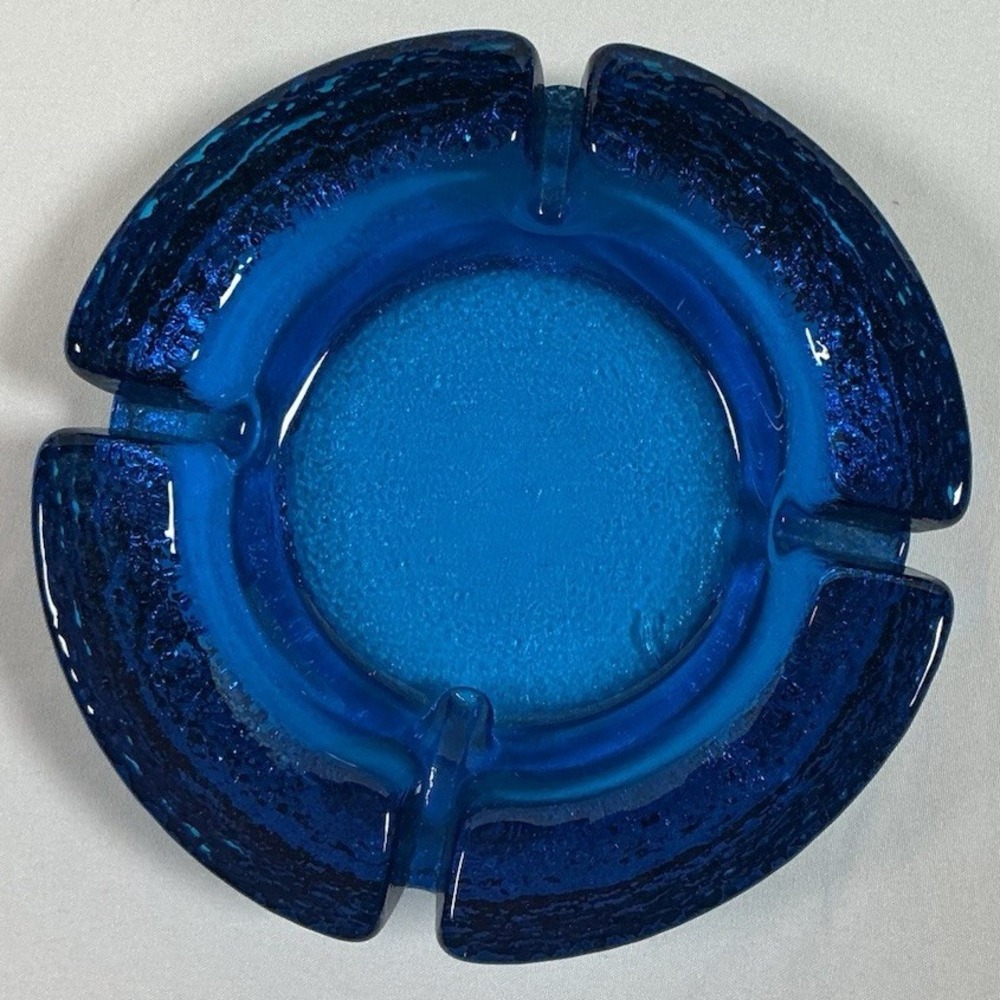 Vintage Cobalt Blue Art Glass Ashtray Heavy Thick Glass 5" Retro MCM